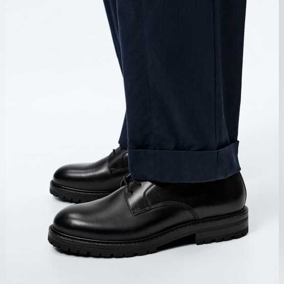 NWT. Zara Black Leather Thick Sole Laced Derby Shoes. Size 10. main image 6